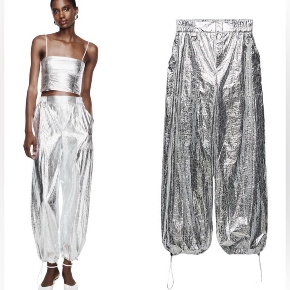 NWOT Zara Metallic Silver Parachute Mid-High Rise Jogger Pant Sz S